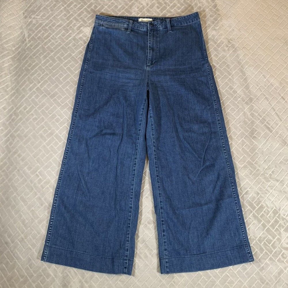 Womens 32 Madewell Denim Blue Jeans Wide Leg Crop Medium Wash High Rise Stretch